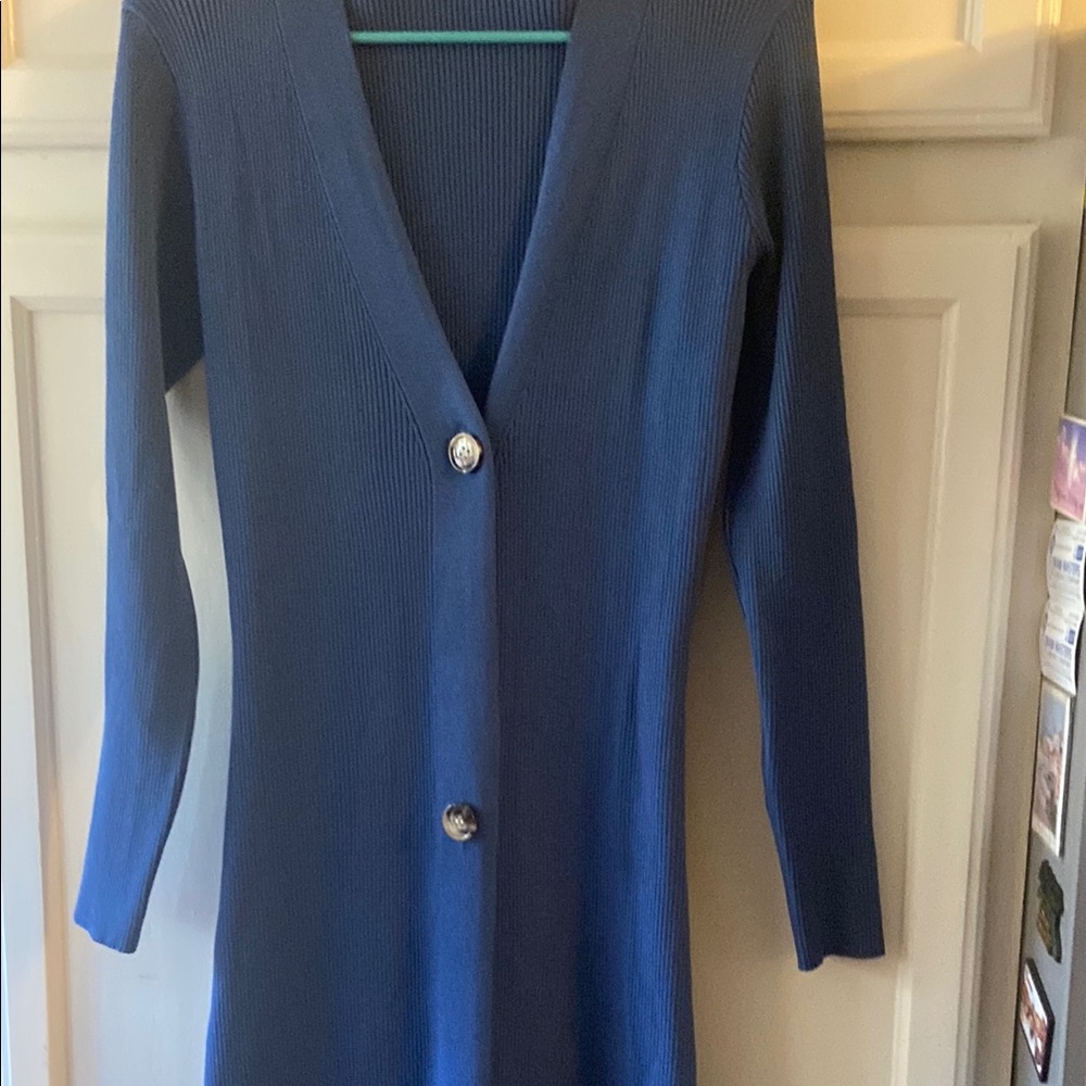 Blue Ribbed Cardigan with Button Detail